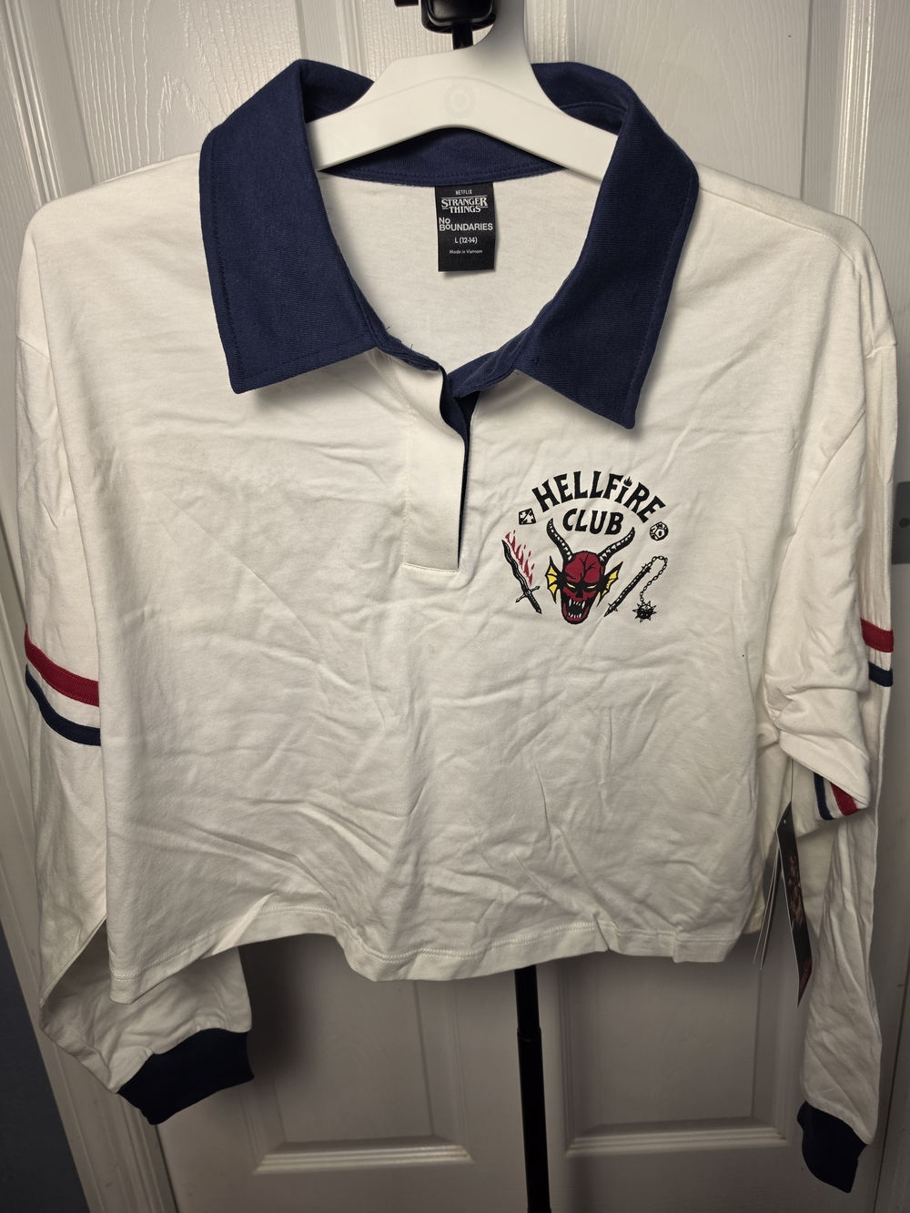 Hellfire Club White Cropped Rugby Top with Navy Collar
